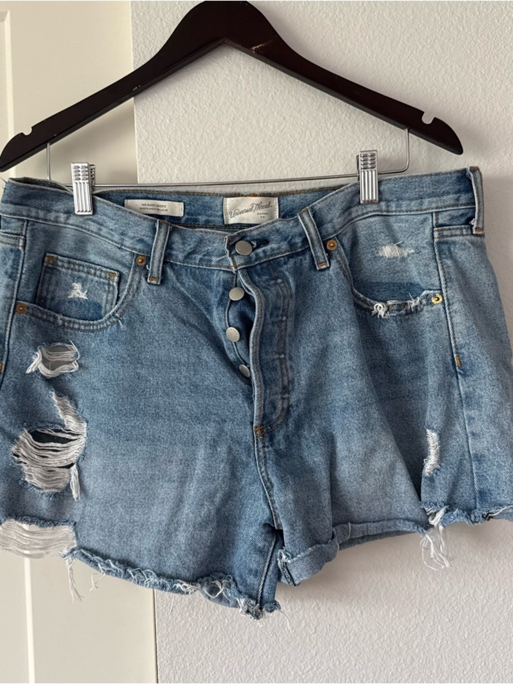 Universal Thread Light Blue Distressed Denim Button-Fly Shorts